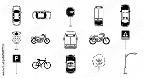 Collection of transportation and traffic symbols in black and white.
