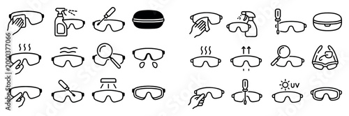 Safety icons with goggles hand wash outline