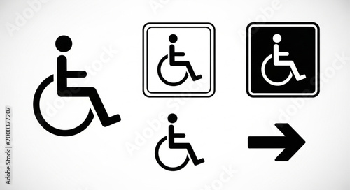Collection of wheelchair accessibility symbols and directional arrow.