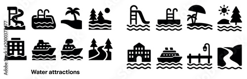 Water attractions icons with slide palm island silhouette