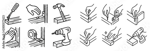 Woodworking icons with hammer drill screwdriver outline