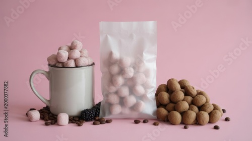 A delightful assortment of candies and coffee beans on a pink background.