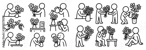 Florist icons with vase bouquet watering minimal outline