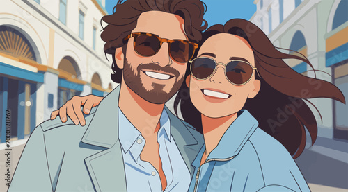 Happy stylish couple taking selfie on urban street