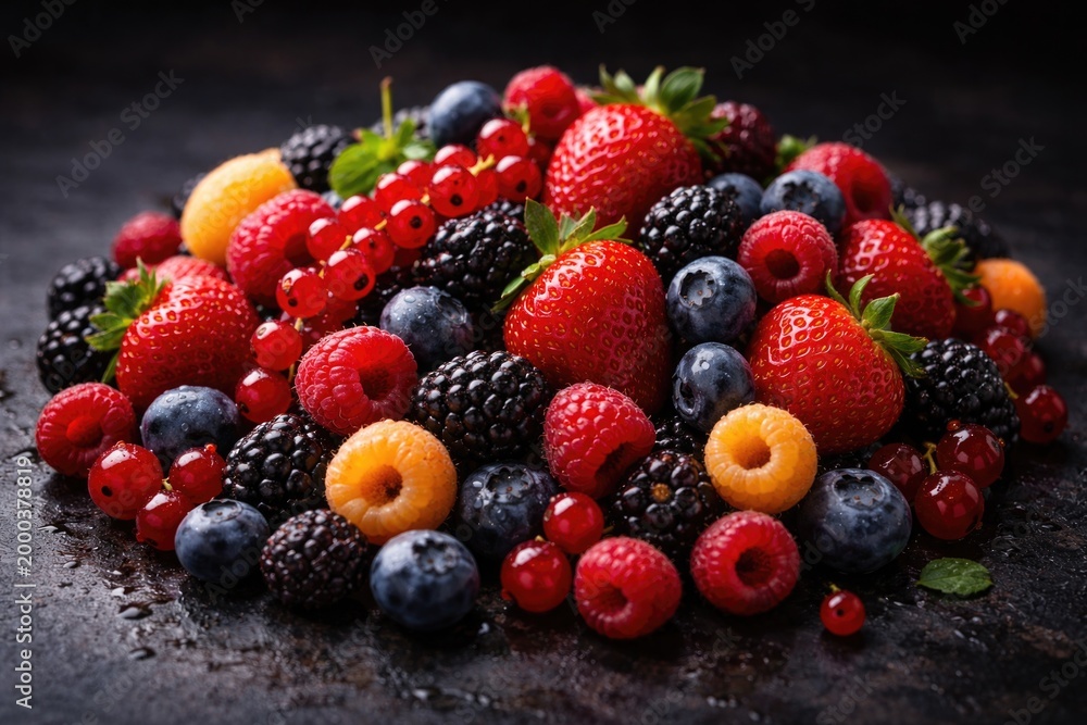 Obraz premium Bright variety of berries captured on a deep dark studio background