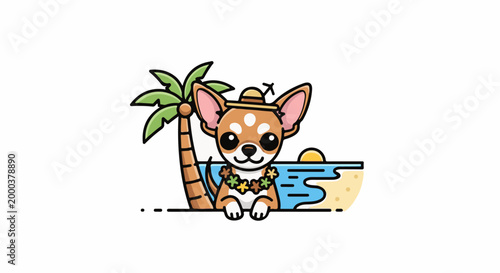A cute chihuahua in a straw hat and lei enjoys a tropical beach scene with a palm tree