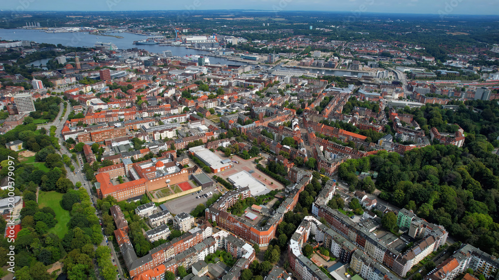 Obraz premium Aerial view around the old town of the city Kiel in Germany on a sunny spring noon