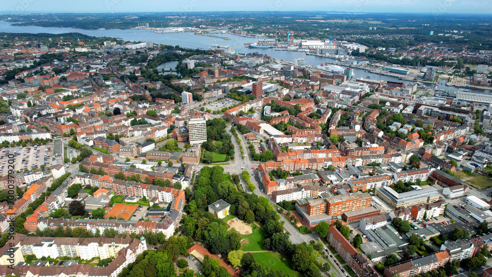 Obraz premium Aerial view around the old town of the city Kiel in Germany on a sunny spring noon