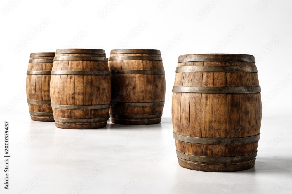 Obraz premium Group of wooden barrels positioned on a smooth white surface for copy space