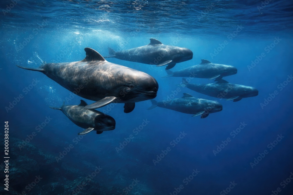 Fototapeta premium A family of short finned pilot whales migrating in deep blue sea
