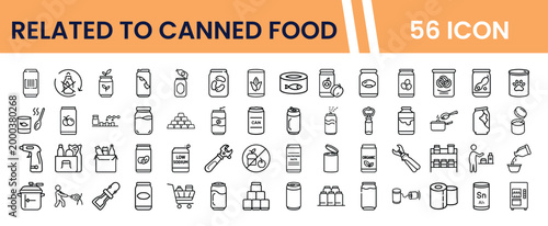 Canned Food Line Icons, 56 Vector Icon Set. Preserved Food and Beverage Packaging, Modern Outline Symbols for Grocery and Supermarket Design. Food Storage and Packaging Concepts.