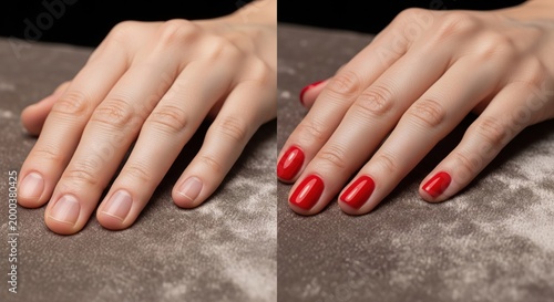 Elegant before and after manicure comparison on neutral velvet surface. Professional service result for high-end beauty sector-specific manufacturer and supply chain branding units