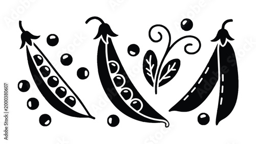 peas and pea pods with leaves on white background