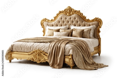 full view of a golden bed w...