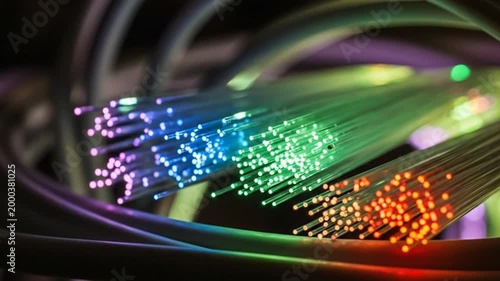 Fiber Optic Cables Illuminated with Colorful Lights.