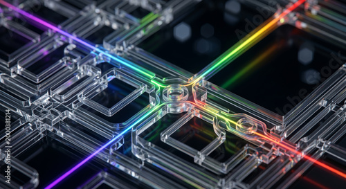 Macro view of microfluidic chip with neon liquid glowing through transparent channels in laboratory setup.