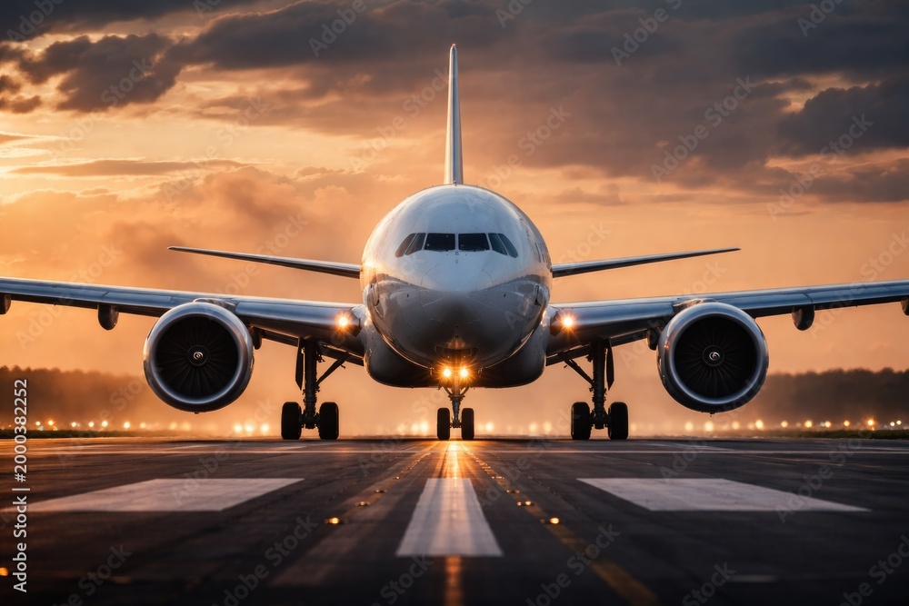 Naklejka premium Large aircraft positioned on tarmac ready for lift off