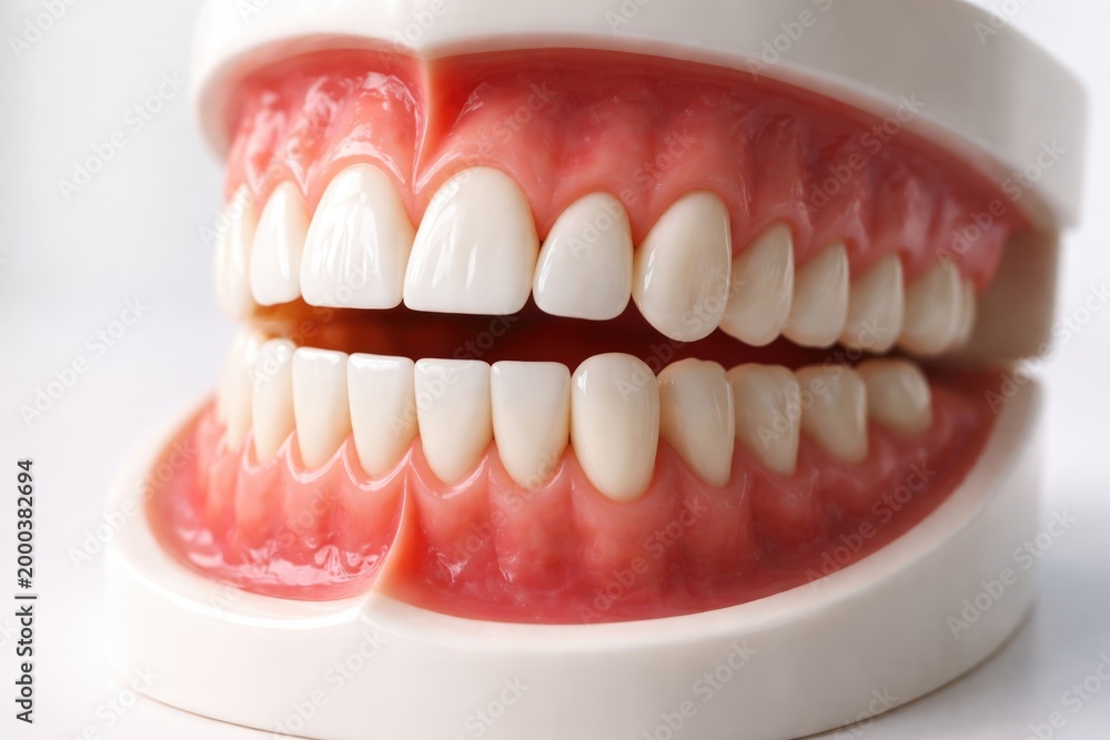 Obraz premium Close up of dental anatomy model featuring teeth and gums on a smooth backdrop