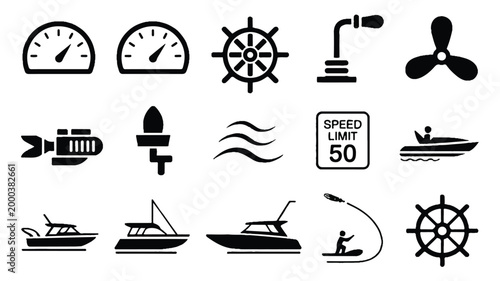 set of nautical icons including boats and navigation symbols
