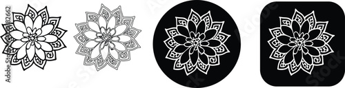 Set of mandala flower line art icons with various outline styles and backgrounds, real image, no blur, clear image, hd, full hd, photos, isolated white background.