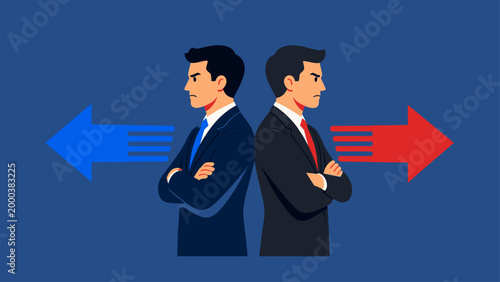 Two businessmen facing opposite directions with arrows showing disagreement, concept of conflict, decision split and opposing strategies