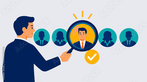 Manager selecting the right candidate from profiles showing recruitment process, concept of hiring, talent selection and human resources