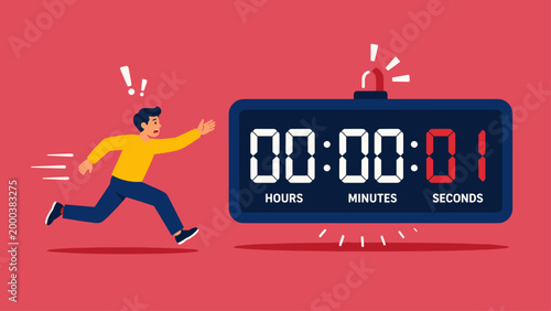 Person racing against digital timer showing deadline pressure, concept of time management, urgency and productivity