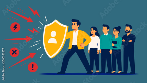 Leader protecting team with shield from threats showing risk management, concept of security, protection and team safety