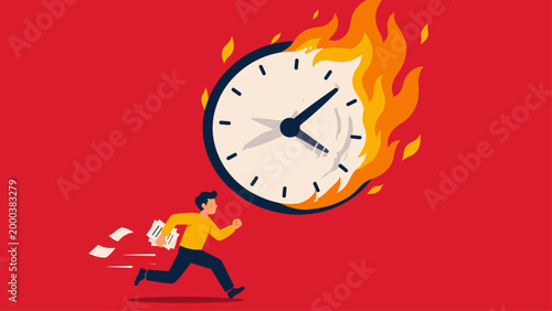 Person running from burning clock showing time pressure and urgency, concept of deadline stress, productivity and time management