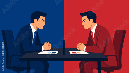 Two businessmen facing each other across table showing negotiation and conflict discussion, concept of business agreement and decision making