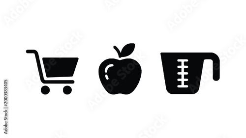 shopping cart apple and measuring cup icons