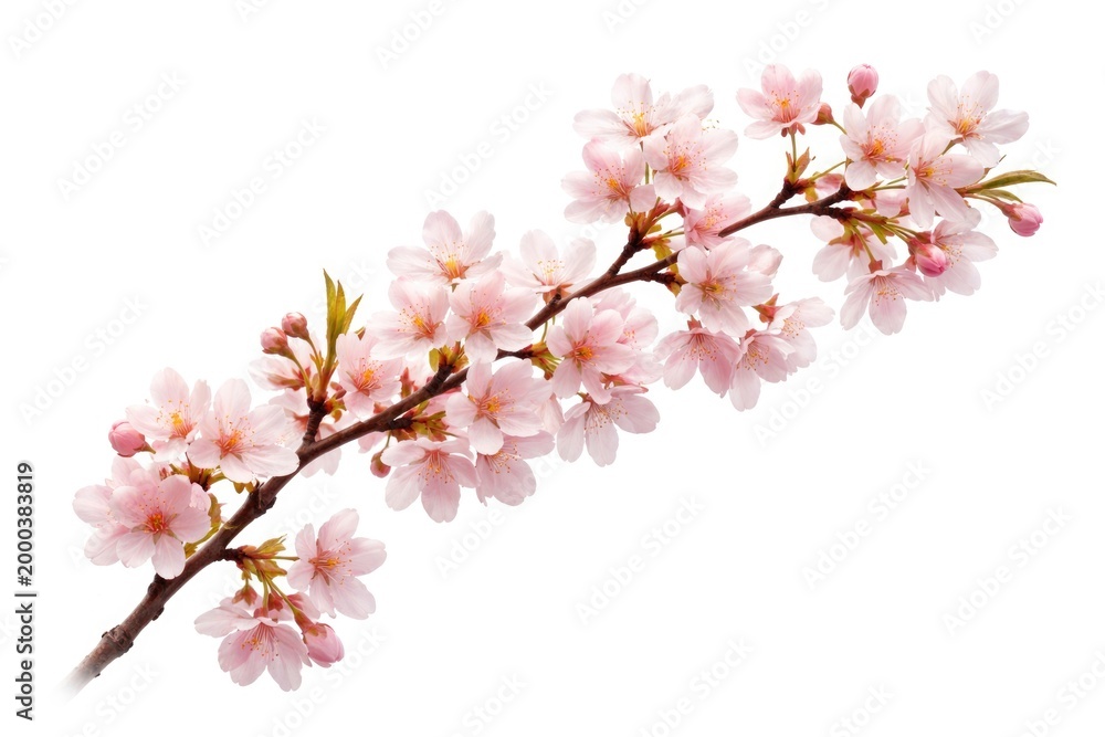 Obraz premium Elegant cherry blossom branch isolated over pure white backdrop