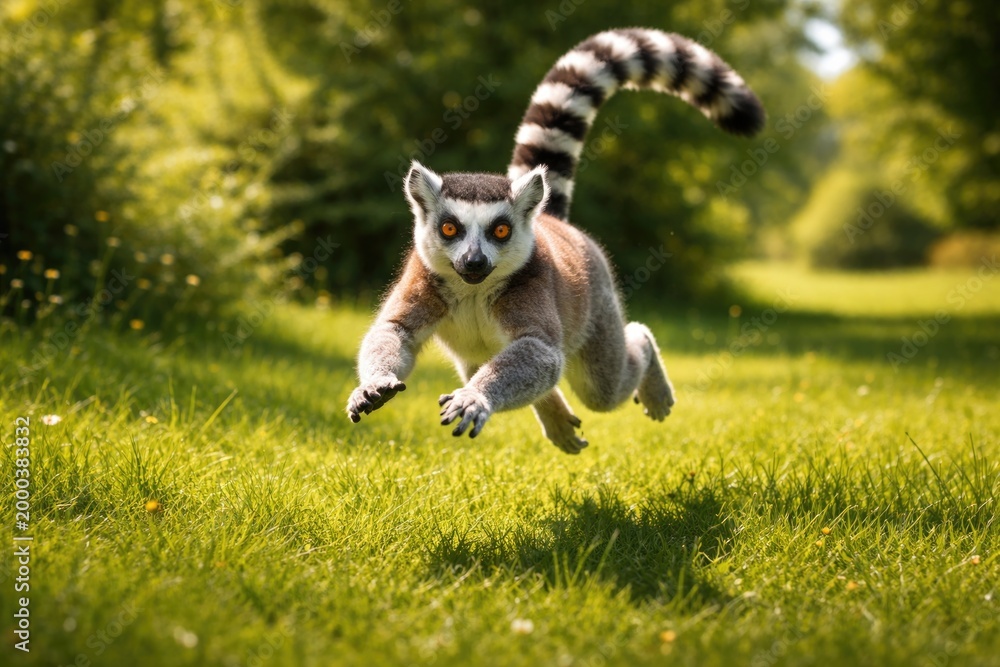Fototapeta premium Energetic pet lemur bounding across rich green grass full length on sunny summer day