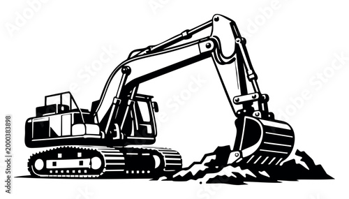 Excavator digging ground, powerful heavy equipment working on a pile of dirt, ideal for construction and mining themes