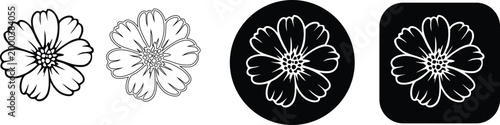Set of cosmos flower line art icons with various outline styles and backgrounds, real image, no blur, clear image, hd, full hd, photos, isolated white background.