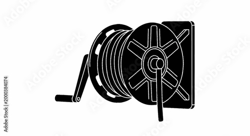 Black hose reel on wall.