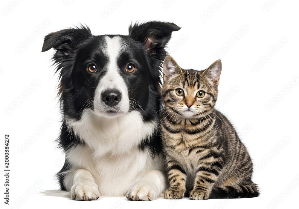 Fototapeta premium Black And White Dog And Brown Tabby Cat Sitting Together Side By Side
