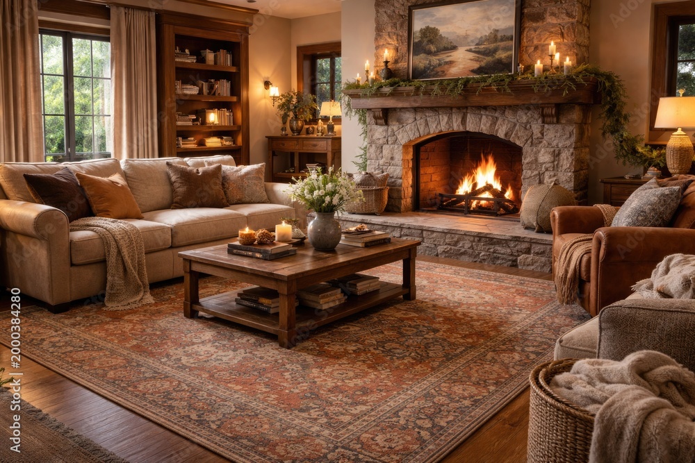 Fototapeta premium Inviting living room scene with a cozy fireplace and artisan area rug