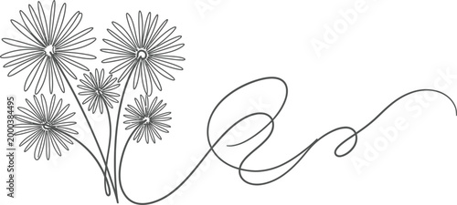 Continuous one line drawing of a daisy flower bouquet with elegant swirl.