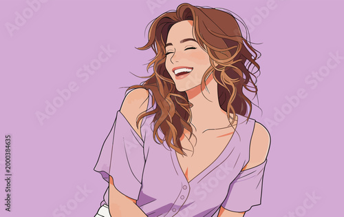 Joyful young woman laughing happily in flat illustration style