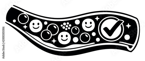 Vascular system with happy cells, air bubbles, and a checkmark illustrating good health and positive flow