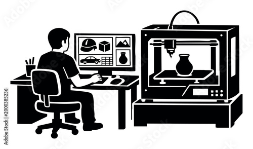 Individual using CAD software to develop a 3D model, while a 3D printer constructs a tangible item