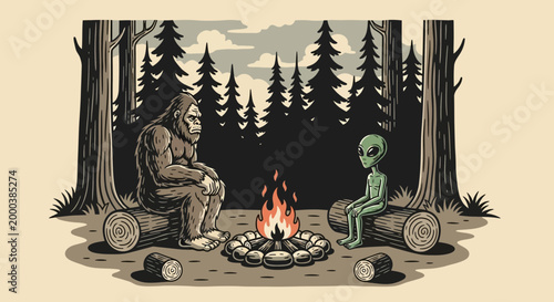 Bigfoot and Alien Camping by a Forest Campfire Retro Illustration