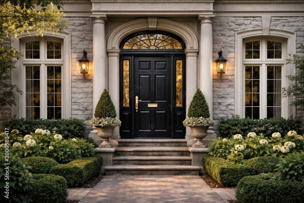 Fototapeta premium Heritage style home exterior highlighted by a bold black door