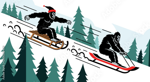 Funny Bigfoot and Sasquatch Sledding in Winter Forest Illustration
