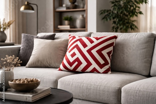 Gray upholstered couch with...