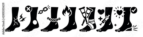 Human leg and foot pain, injury, inflammation, and recovery process icons. Ankle sprain, fracture, medical treatment