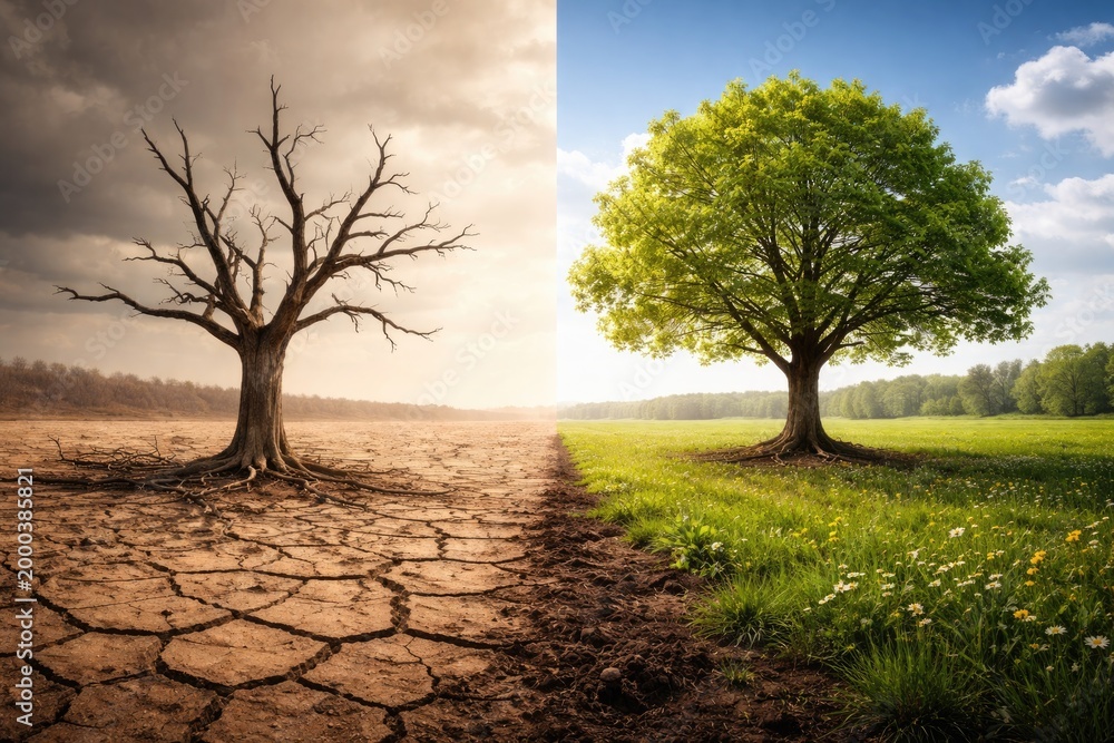 Fototapeta premium Dry land with a dead tree against lush soil supporting a thriving tree