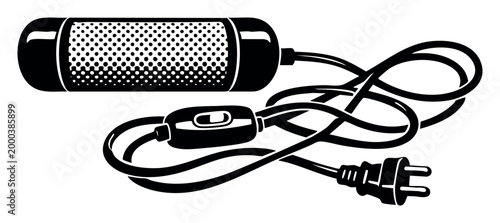 Condenser microphone showing a mesh grill and a power cable with an in-line switch and an electrical plug