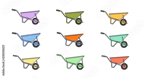 Set of Colorful Wheelbarrow Icons and Garden Illustrations
